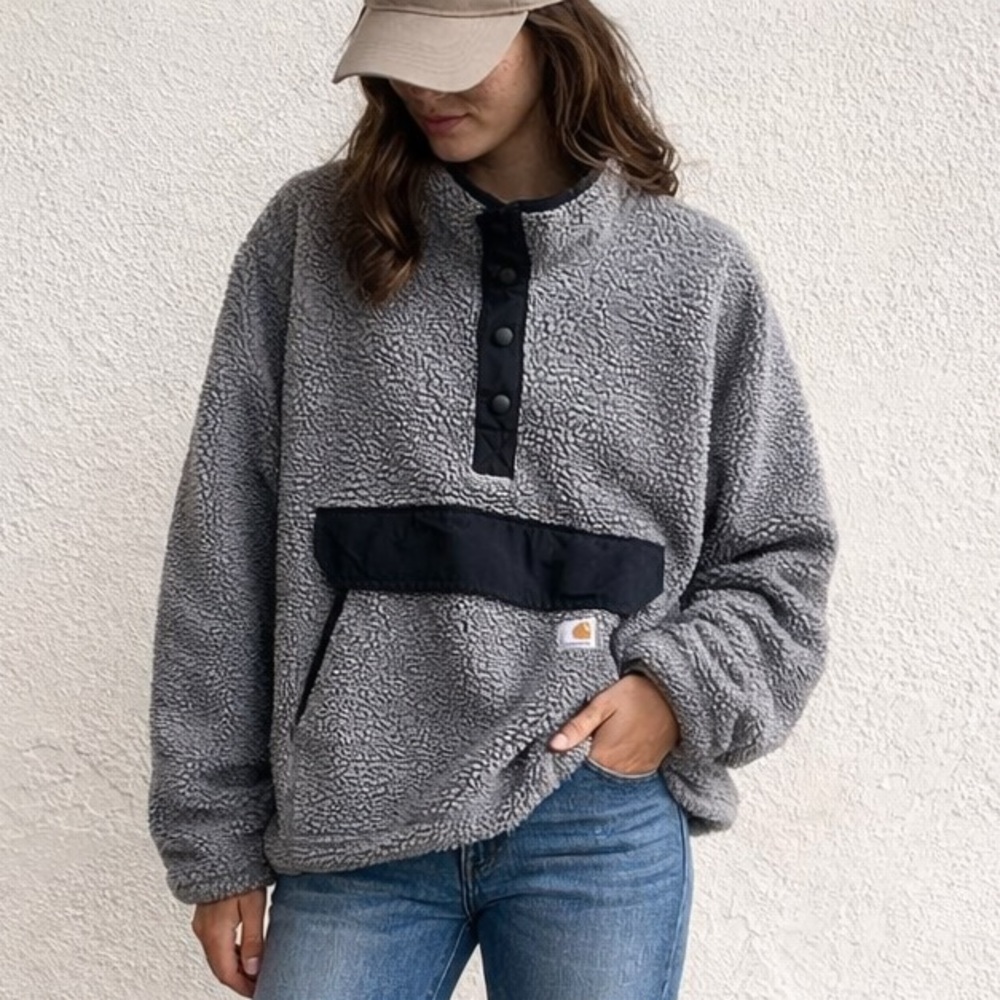 Carhartt Sherpa Fleece Quarter Snap Pullover Oversized Workwear Jacket Size L
